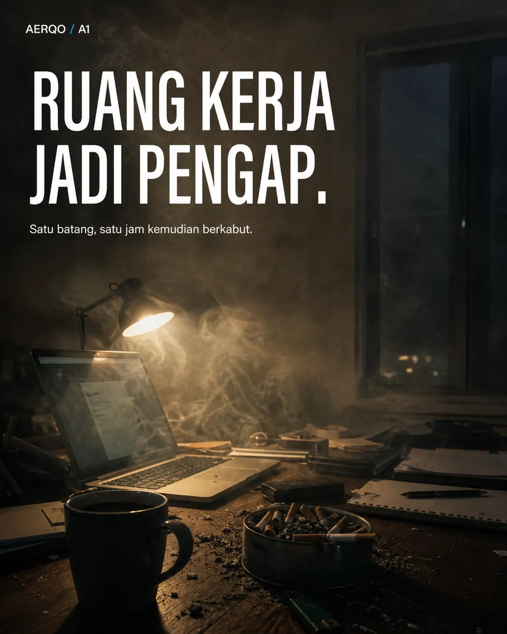 Meja kerja pengap dengan asbak penuh puntung