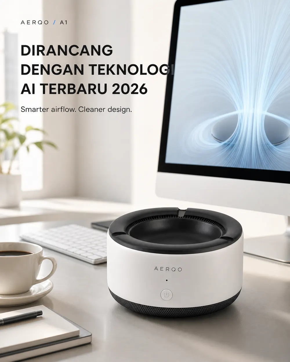 Meja desainer dengan layar simulasi aliran udara dan unit AERQO A1