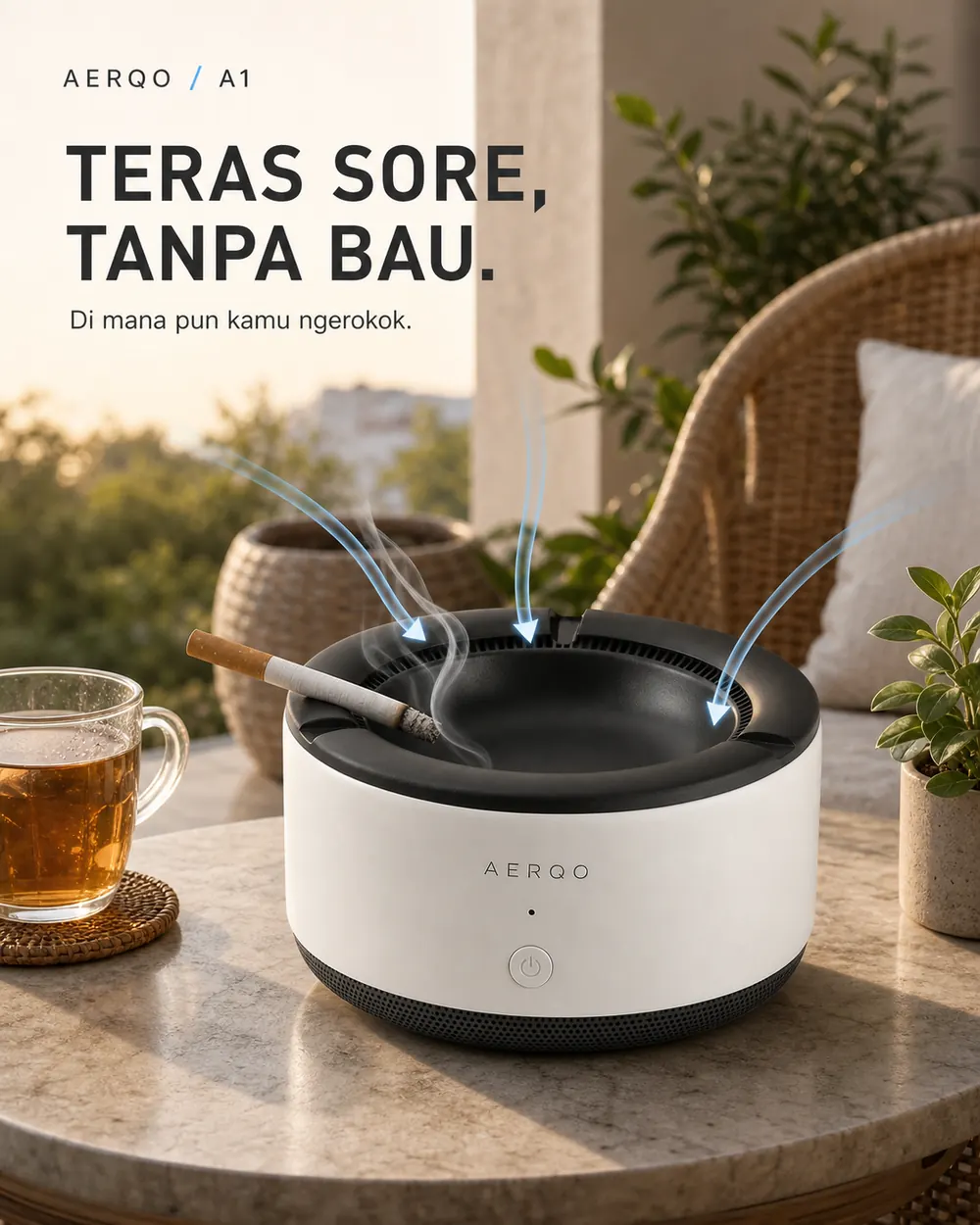 AERQO A1 di meja teras sore hari