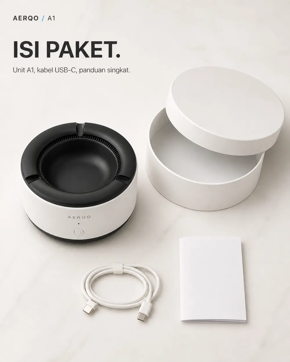 Isi paket AERQO A1: unit, filter cadangan, kabel USB-C, panduan, kotak
