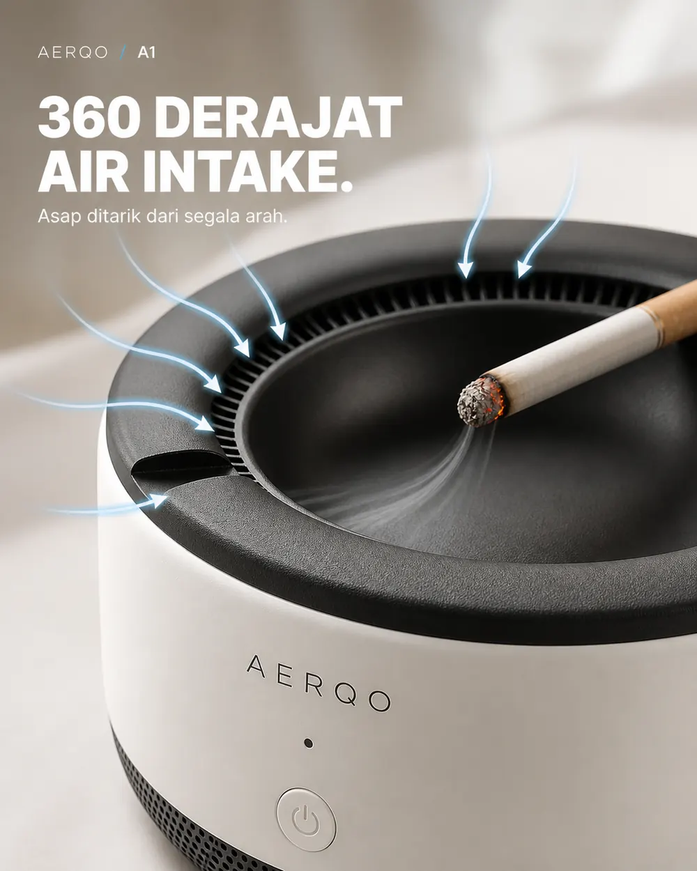 Close-up cincin hisap AERQO A1 dengan asap masuk ke celah