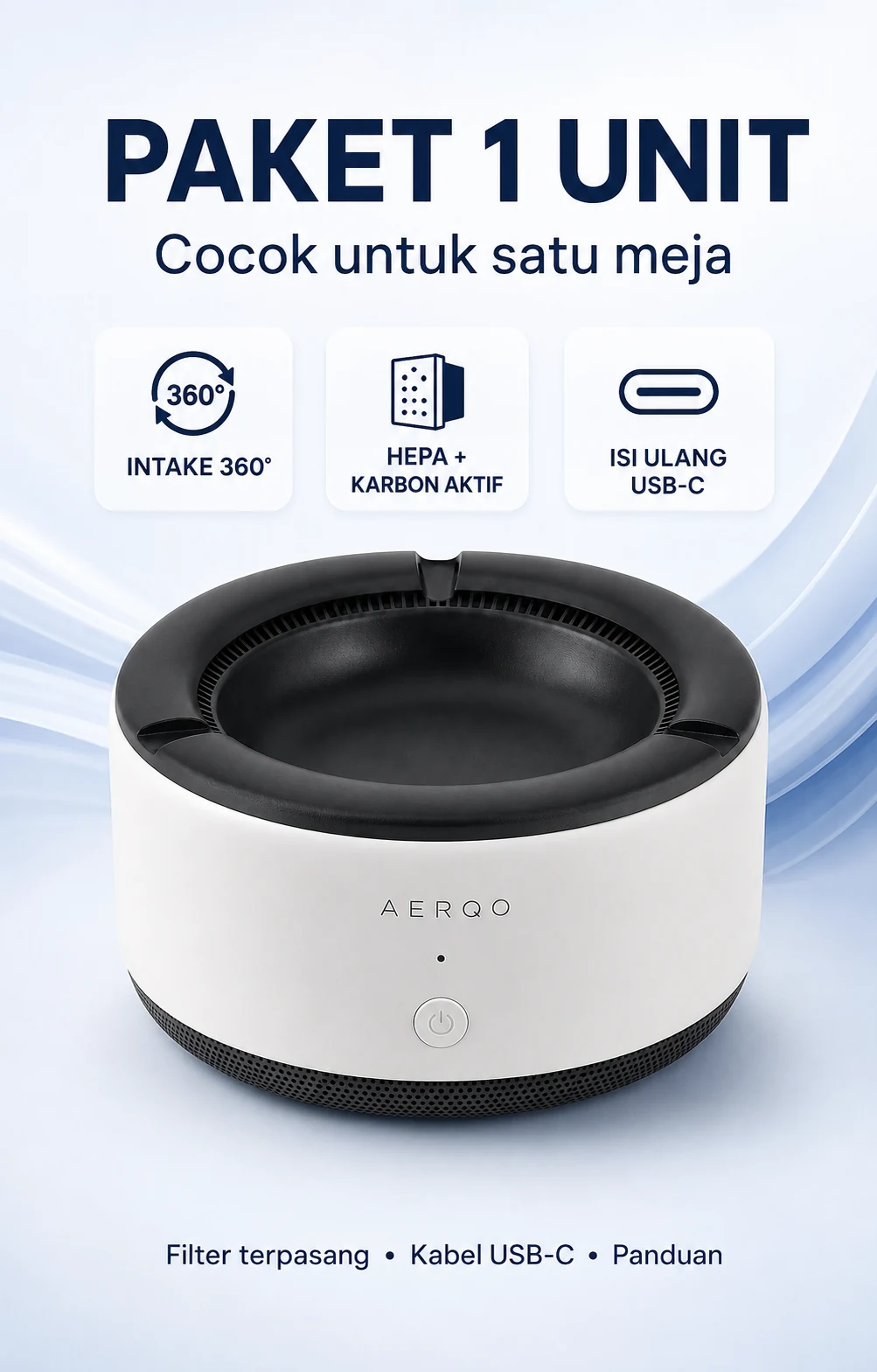 Paket 1 unit AERQO A1 dengan spesifikasi intake 360 derajat, HEPA dan karbon aktif, serta USB-C
