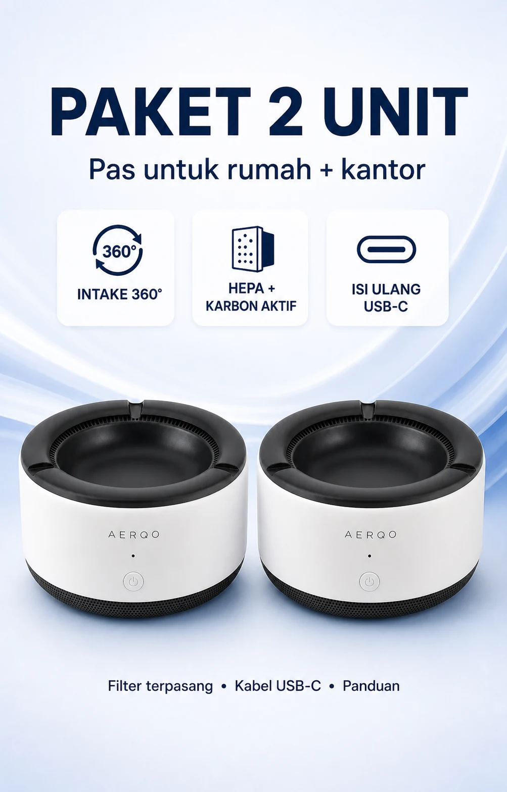 Paket 2 unit AERQO A1 dengan spesifikasi intake 360 derajat, HEPA dan karbon aktif, serta USB-C