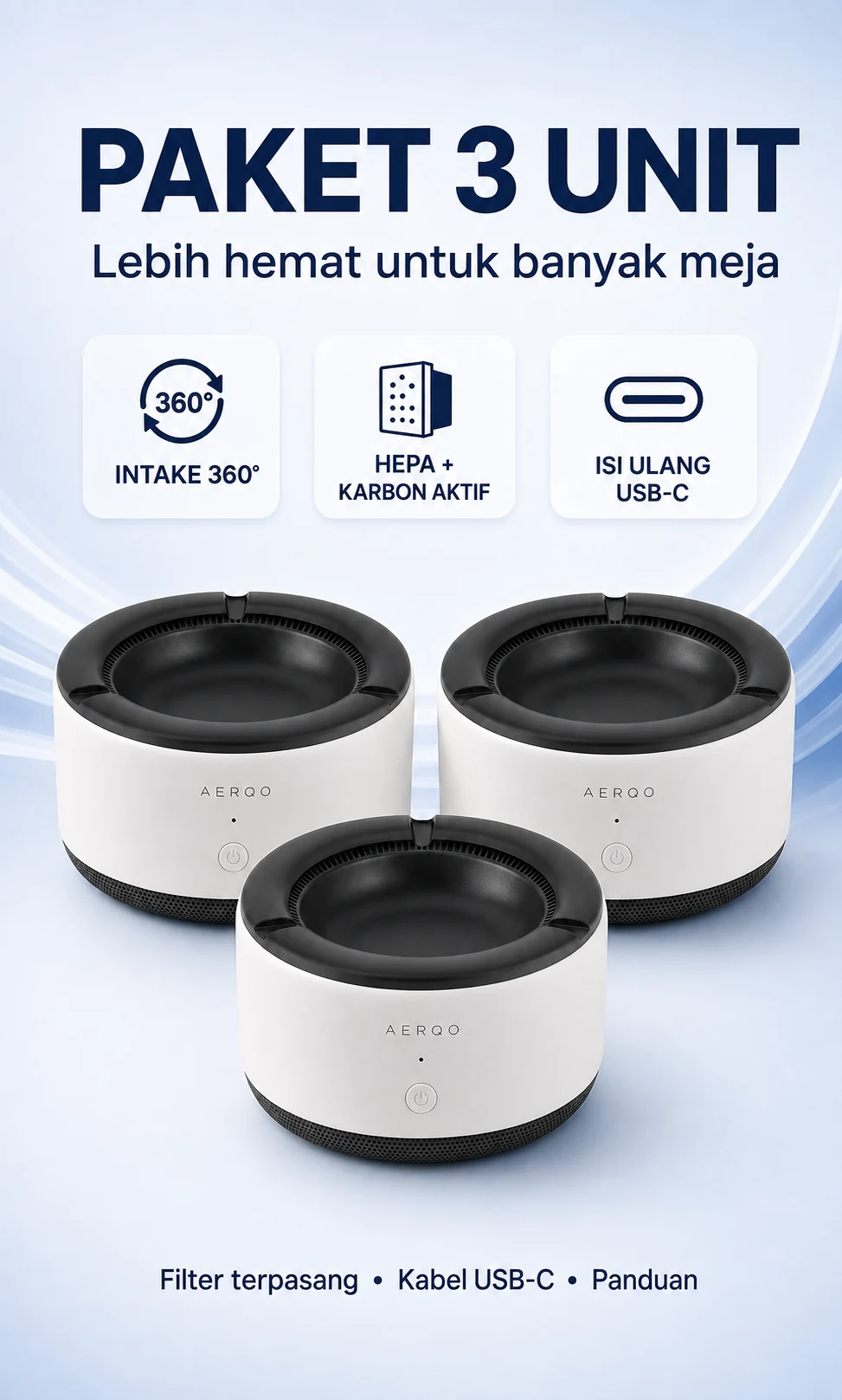 Paket 3 unit AERQO A1 dengan spesifikasi intake 360 derajat, HEPA dan karbon aktif, serta USB-C